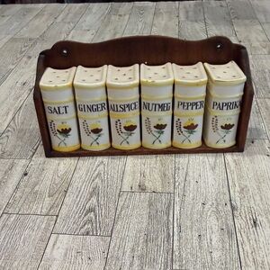 Vintage Ceramic Spice Jar Set with Wooden Rack - White & Yellow